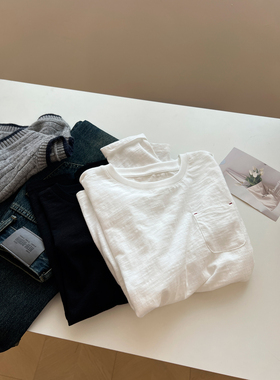 百搭竹节棉口袋圆领长袖T恤女宽松内搭打底衫上衣2025秋季新款潮