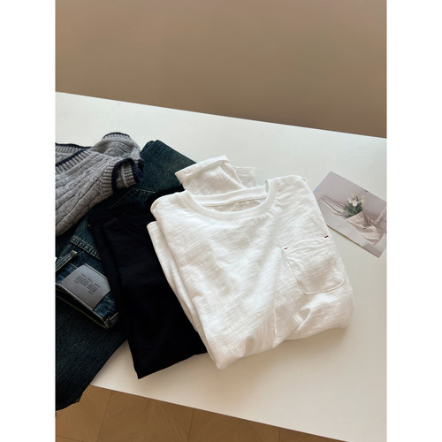 竹节棉口袋圆领长袖T恤女宽松秋