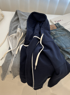 韩版chic时髦开衫连帽卫衣女宽松叠穿短款拉链外套2023秋季减龄潮