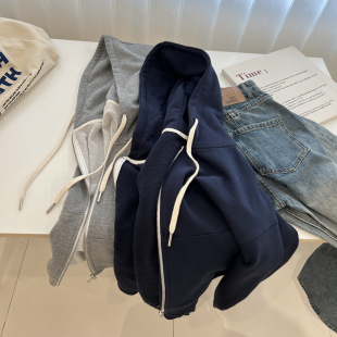 拉链外套2023秋季 连帽卫衣女宽松叠穿短款 减龄潮 chic时髦开衫 韩版