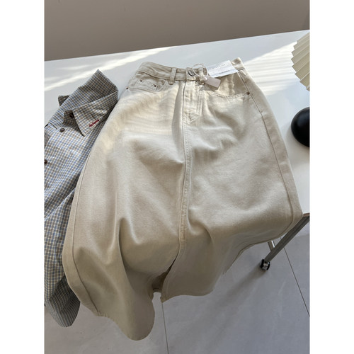 米色高腰牛仔半身裙女宽松中长款