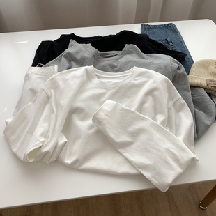内搭中长款 春秋季 洋气宽松打底衫 t恤女圆领时尚 上衣 纯棉白色长袖