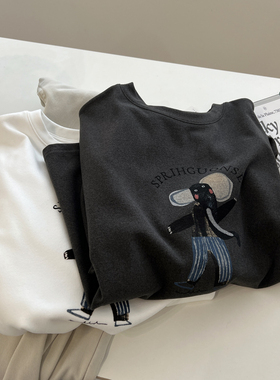 韩版洋气减龄卡通小熊印花圆领德绒长袖T恤女宽松保暖厚实上衣冬