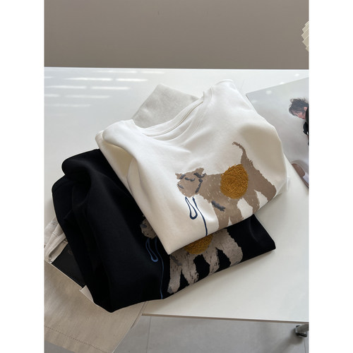 减龄小狗印花圆领短袖t恤女宽松