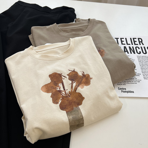 短袖复古花朵印花棉质女t恤