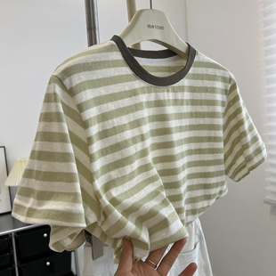 上衣夏季 韓版 溫柔綠色條紋圓領短袖 t恤女寬松輕薄舒適打底衫 新款