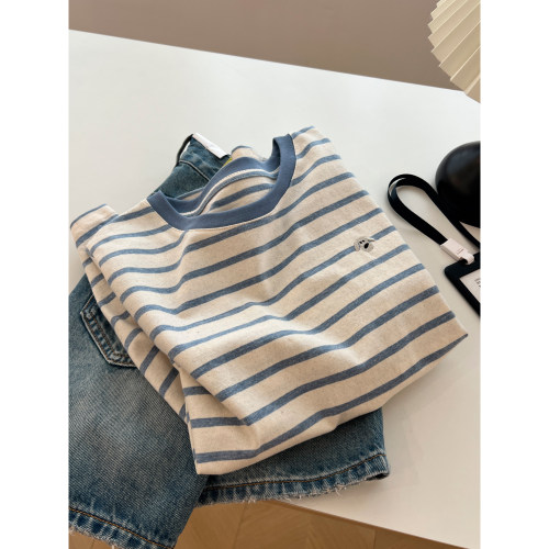 复古条纹小狗圆领短袖t恤女宽松