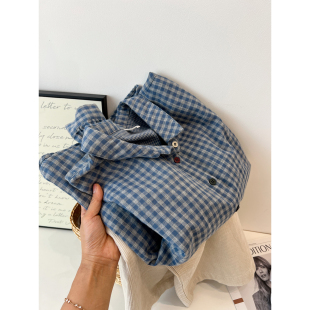 新款 女宽松小众文艺减龄上衣秋季 学生潮 衬衫 复古休闲翻领格子长袖