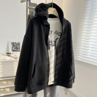 韩版复古深灰色连帽开衫卫衣女宽松加绒加厚拉链外套冬季新款学生