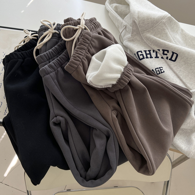 高腰韩版纯色九分加绒运动裤