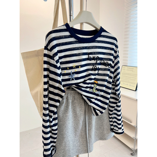 海边童话~重工刺绣条纹减龄圆领长袖T恤女宽松显瘦打底衫防晒衫秋