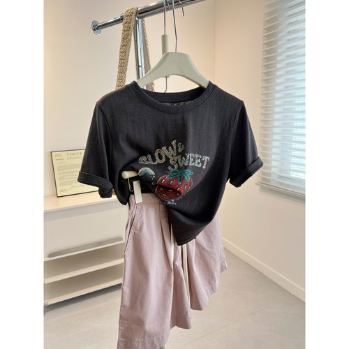 美式卡通草莓字母印花短袖T恤女