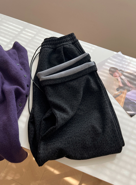 复古小众豹纹高腰阔腿裤女宽松慵懒秋冬新款chic时髦休闲裤减龄潮