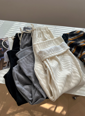 韩版复古高腰加绒阔腿裤女宽松慵懒chic时髦毛巾休闲裤冬季新款潮