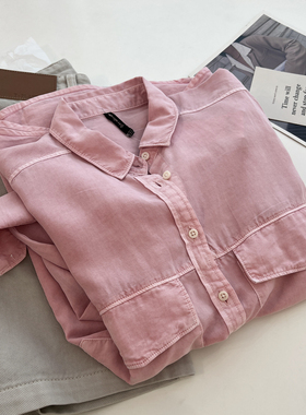 复古水洗做旧天丝牛仔长袖衬衫女宽松显瘦BF中性慵懒风上衣薄外套