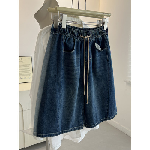 复古水洗做旧拼接高腰牛仔中裤女