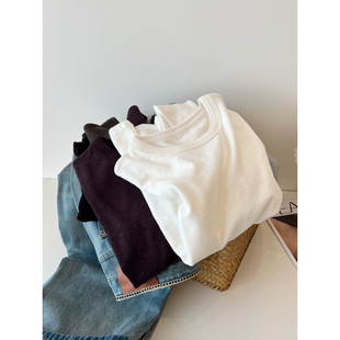 韩版简约纯色圆领长袖打底衫女修身显瘦内搭t恤学生减龄文艺秋季