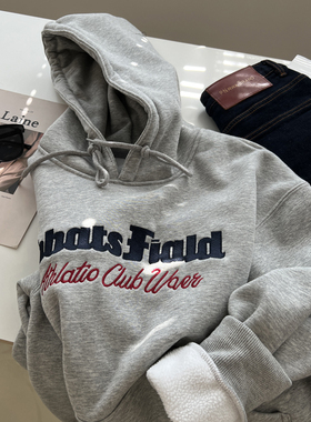 美式字母刺绣灰色连帽套头加绒卫衣女宽松慵懒毛圈帽衫秋冬新款潮