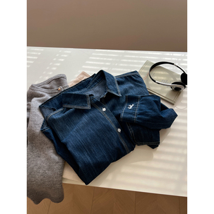 减龄文艺潮 女宽松春秋新款 百搭复古水洗明线口袋翻领长袖 牛仔衬衫