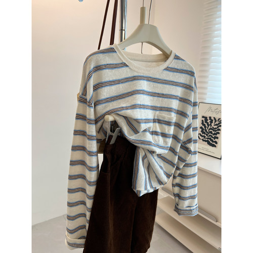 洋气复古条纹圆领长袖T恤女宽松