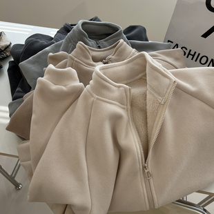 暖烘烘羊羔绒百搭立领开衫卫衣女加绒加厚保暖慵懒风拉链外套冬季