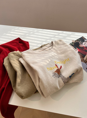 卡通小毛驴印花圆领短袖t恤女宽松慵懒春季新款亲肤磨毛打底衫潮