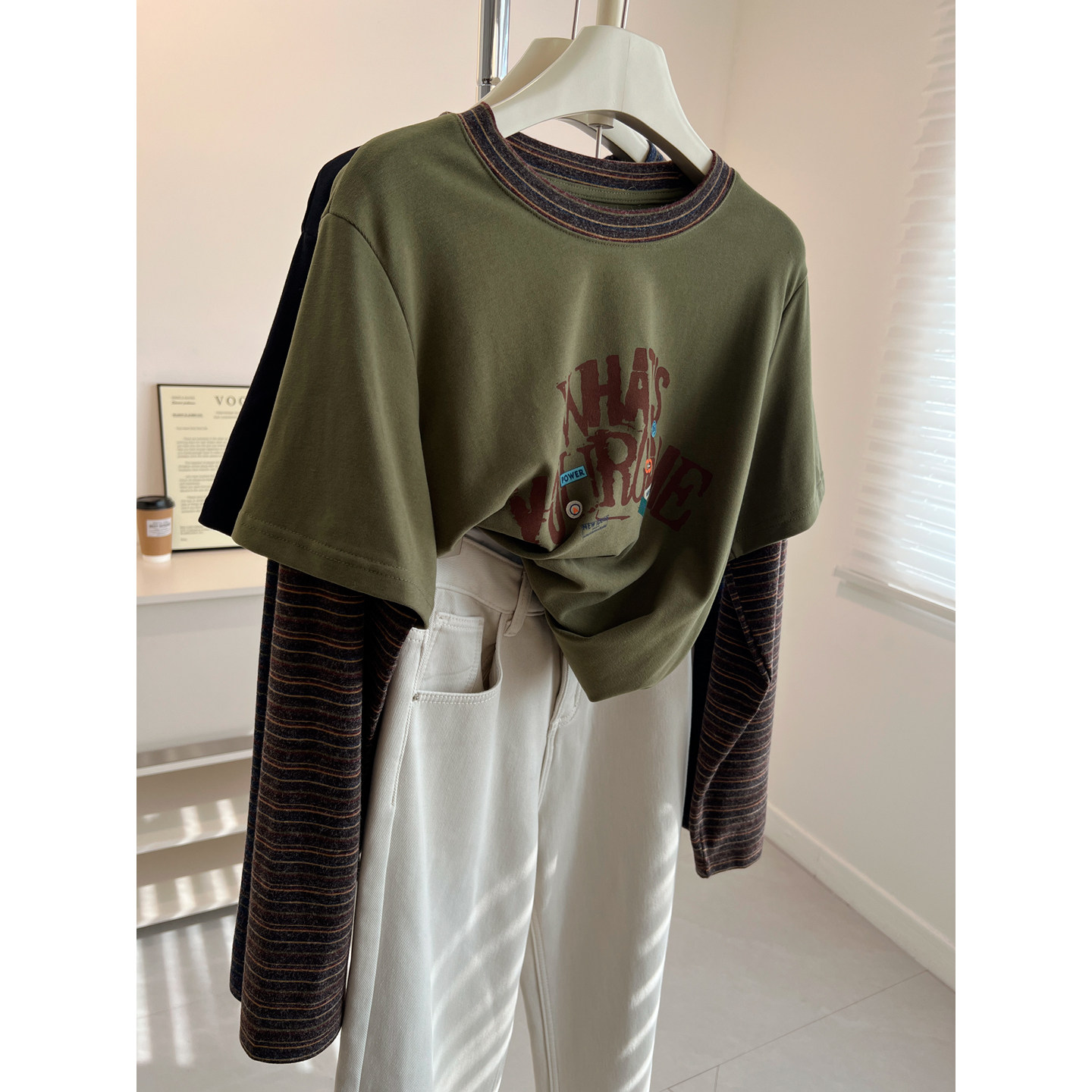 韩版复古撞色假两件圆领长袖T恤女宽松显瘦学生减龄打底衫春季潮