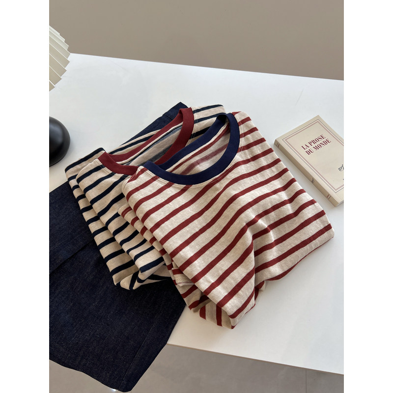 韩版复古圆领条纹短袖t恤女宽松小众文艺内搭打底衫夏季新款学生