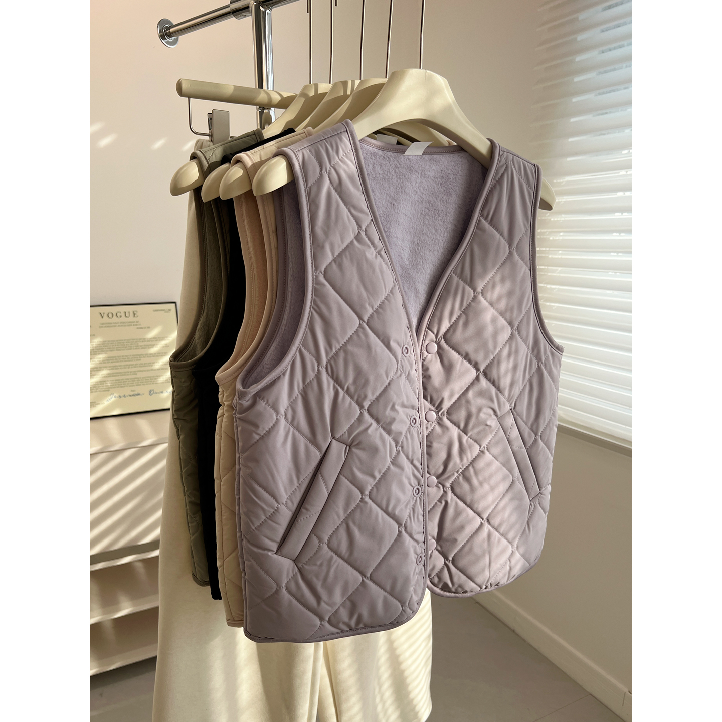 基础菱形格V领开衫棉马甲女宽松