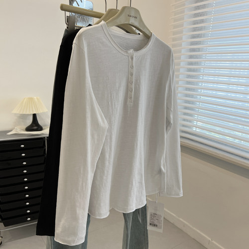 长袖韩版简约纽扣竹节棉女t恤