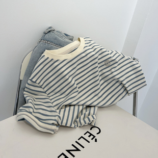 学生减龄 上衣夏季 日系复古撞色字母条纹短袖 t恤女宽松慵懒打底衫