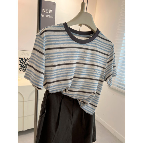 复古做旧撞色条纹短袖t恤女宽松