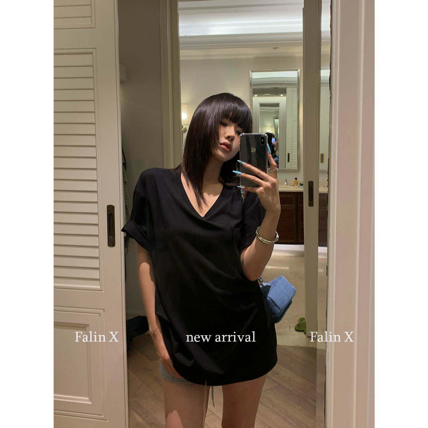 Falin X 宽松慵懒风基础V领短袖T恤女辣妹高级小众不撞款夏季上衣