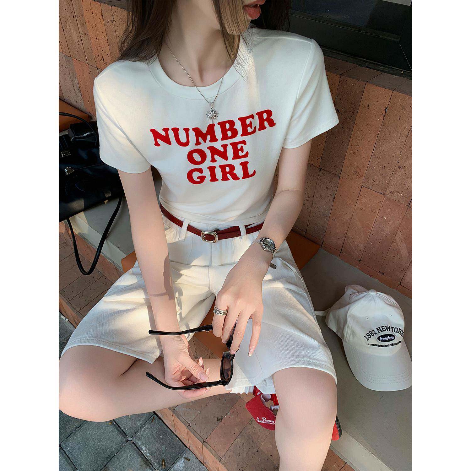 NUOMICI韩系短款字母印花白色短袖T恤女夏辣妹风修身显瘦圆领上衣