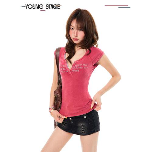 YOUNG STAGE美式辣妹水洗字母短袖T恤女夏季亨利领修身显瘦上衣潮