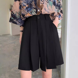 子黑色直筒垂感阔腿裙裤 开叉西装 胖mm高腰显瘦五分中裤 女大码 短裤