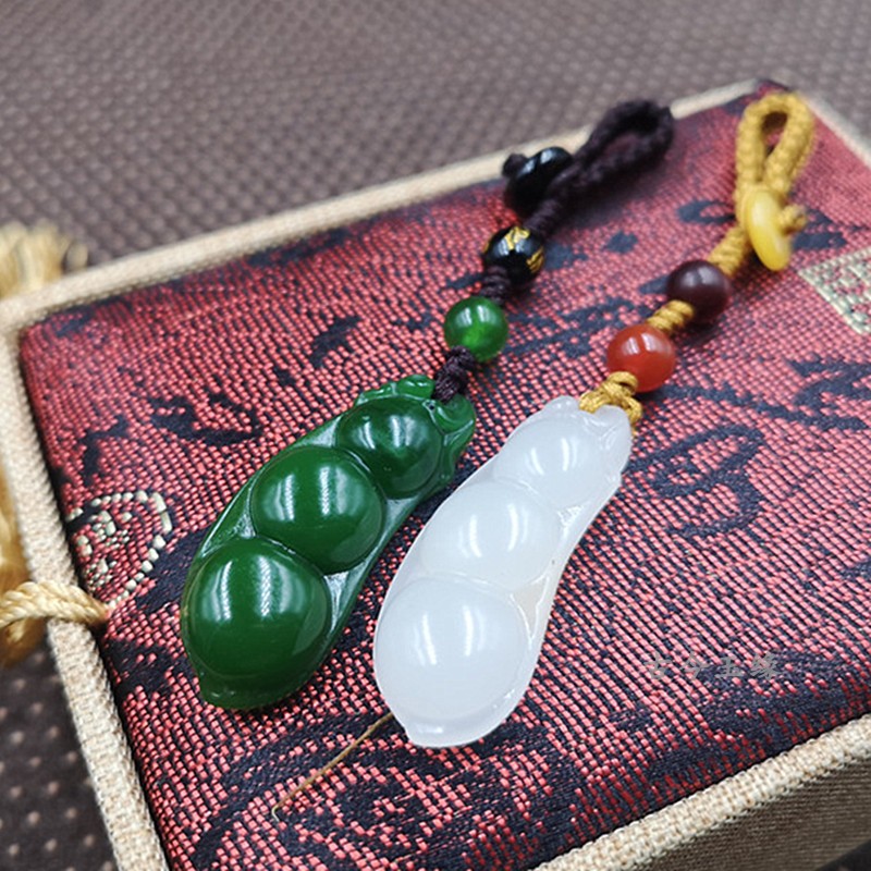 和田玉碧玉豌豆钥匙坠 男女情侣款四季豆天然白玉钥匙扣玉坠吊坠