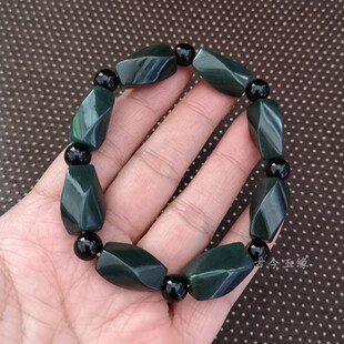 正品新疆和田玉青玉菱形手链男女款天然墨玉手串棱形玉珠子玉石