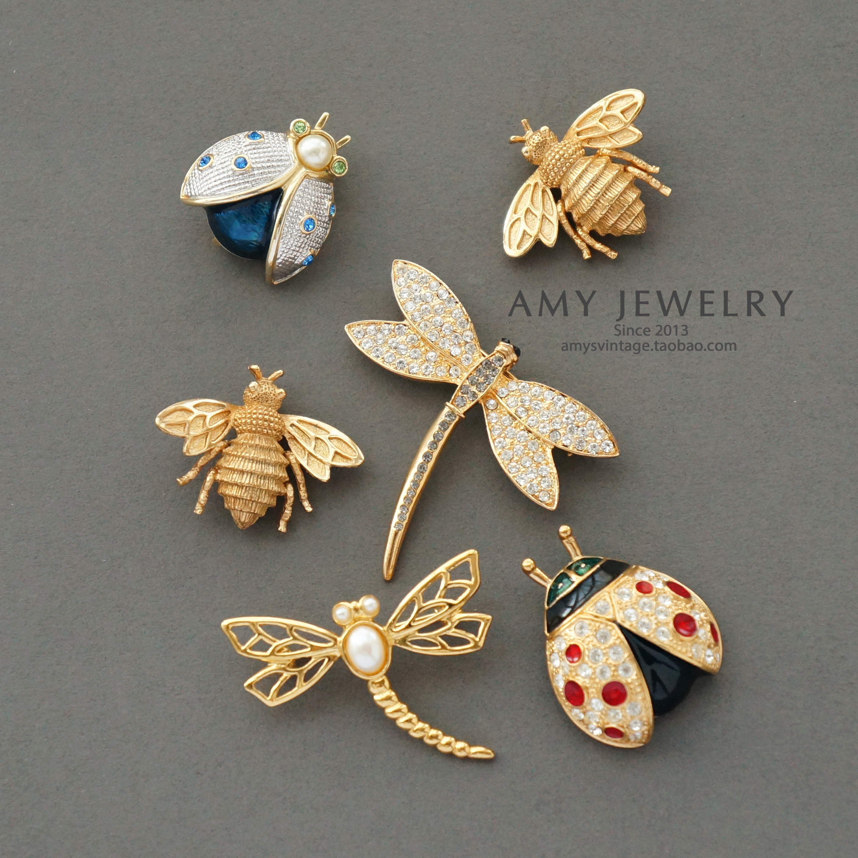 蜻蜓瓢虫蜜蜂精致中古打标胸针合集 | Amy Vintage西洋古董首饰