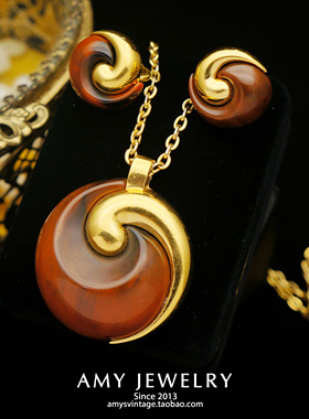 TRIFARI翠法丽人造玳瑁项链耳夹套装 | Amy Vintage西洋古董首饰