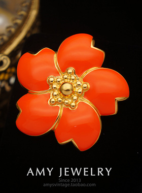 Monet莫奈红珐琅花朵胸针 | Amy Vintage西洋古董首饰