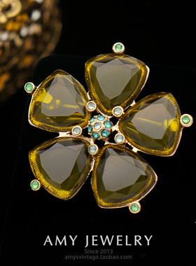 Monet莫奈黄绿人造水晶花朵胸针 | Amy Vintage西洋古董首饰