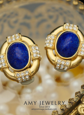 Ciner人造青金石古罗马风格耳夹耳环｜Amy Vintage西洋古董首饰