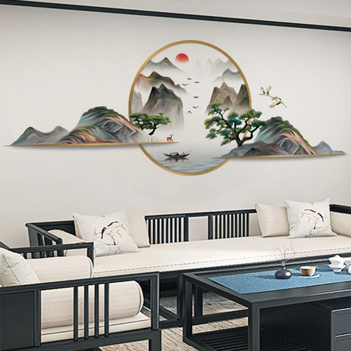 3D立体中国风山水墙贴客厅卧室玄关墙面自粘装饰贴画书房墙面布置