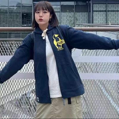 25SS春季新款日系休闲字母企鹅印花毛圈棉连帽卫衣男女同款外套