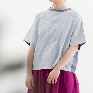 26SS夏季日系新品格纹拼接纯棉后刺绣字母短袖T恤女百搭上衣女nop