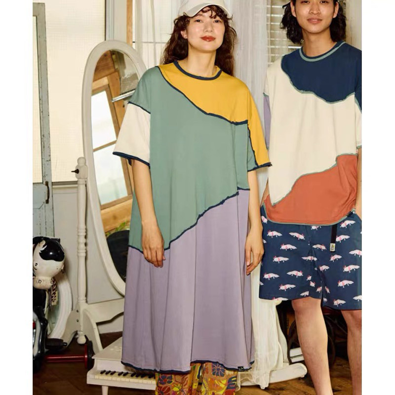 日系撞色拼接宽松短袖T恤裙女