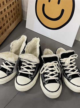 2024冬季新款ins超火保暖厚绒系带韩版小众高帮加绒帆布鞋板鞋女