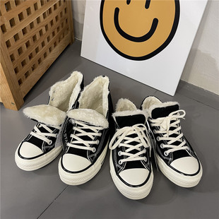 板鞋 2024冬季 小众高帮加绒帆布鞋 ins超火保暖厚绒系带韩版 女 新款