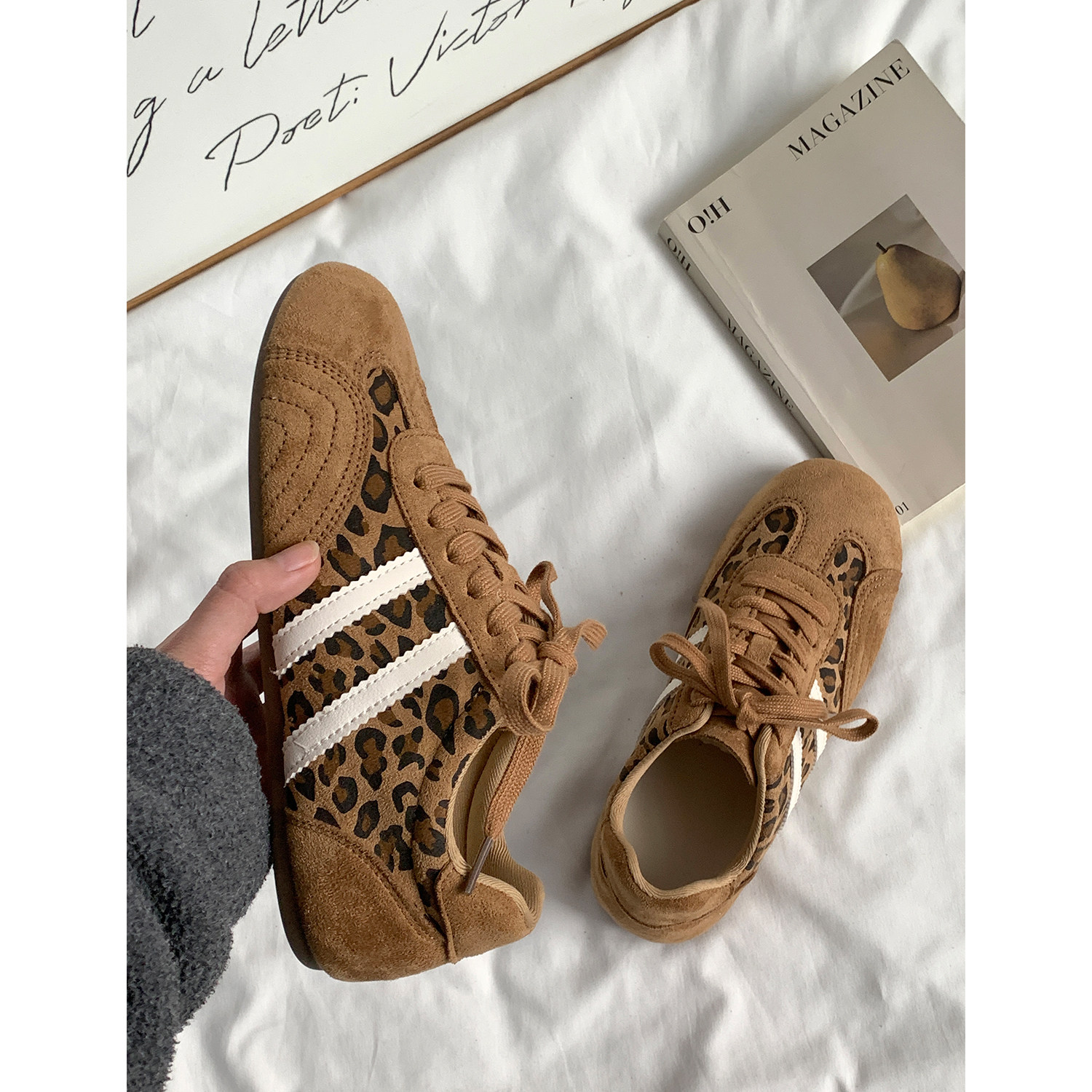 2026春季新款豹纹拼色德训鞋女复古百搭系带休闲板鞋棕色平底鞋,女鞋,德训鞋,淘宝优惠券,粉丝福利购,淘宝优惠卷